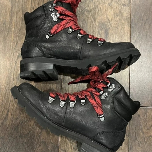 Sorel Lennox Hiker Boot Women's 6 Black Leather Waterproof, Red Laces - Picture 3 of 6